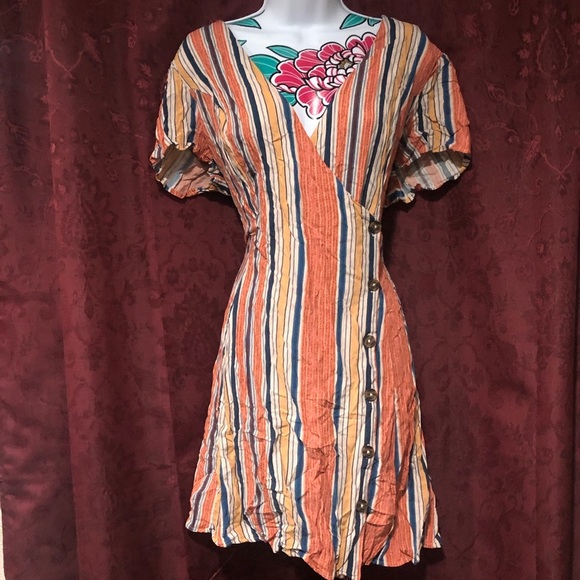 Xhilaration Orange Stripe Wrap Around Button Dress - Picture 2 of 5